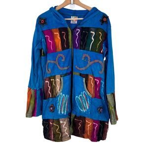 India Boutique Women's Large Boho Full Zip Hoodie Patchwork Embroidered Colorful